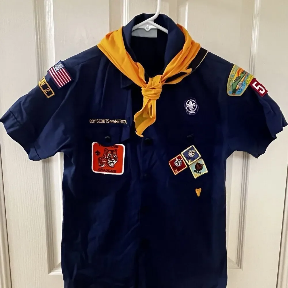 Boy Scouts of America Button Up Blue Uniform Top Patches Neckerchief Boys Size L